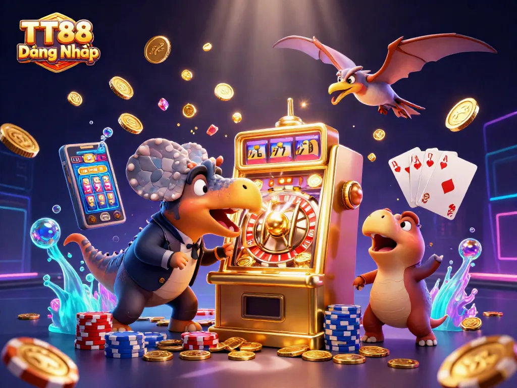Engage in thrilling adventures with TT88 Đăng Nhập, featuring cartoon dinosaurs winning jackpots amidst dazzling casino elements.