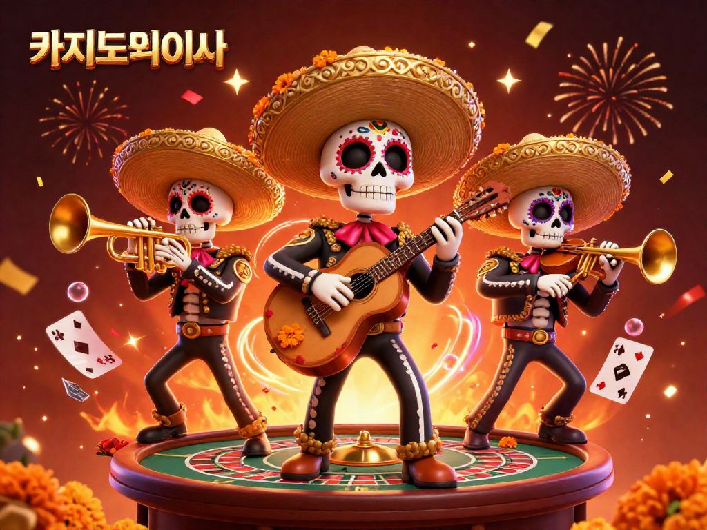 카지노사이트에서 즐기는 화려한 마리아치 밴드와 카지노 요소들이 어우러진 장면입니다.