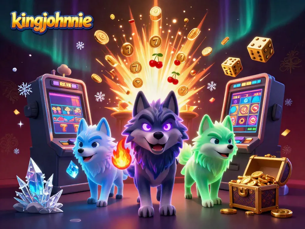 Experience the thrill of kingjohnnie casino with a vibrant 3D illustration of a wolf pack leader and jackpot chaos.