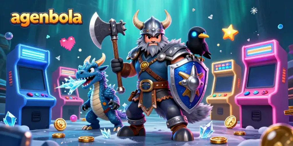 Experience agenbola excitement with a Viking wolf, fierce dragon, and cartoon raven amidst vibrant gaming elements.