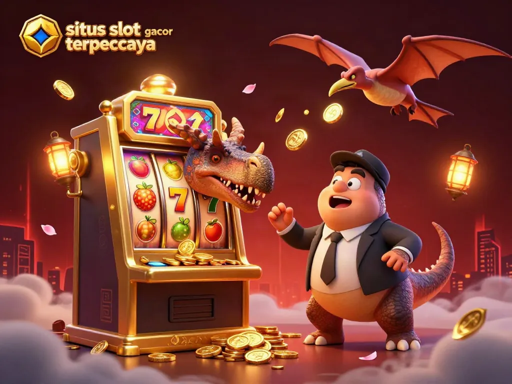 Catch the excitement at situs slot gacor terpercaya with a cartoon dinosaur winning jackpot coins!