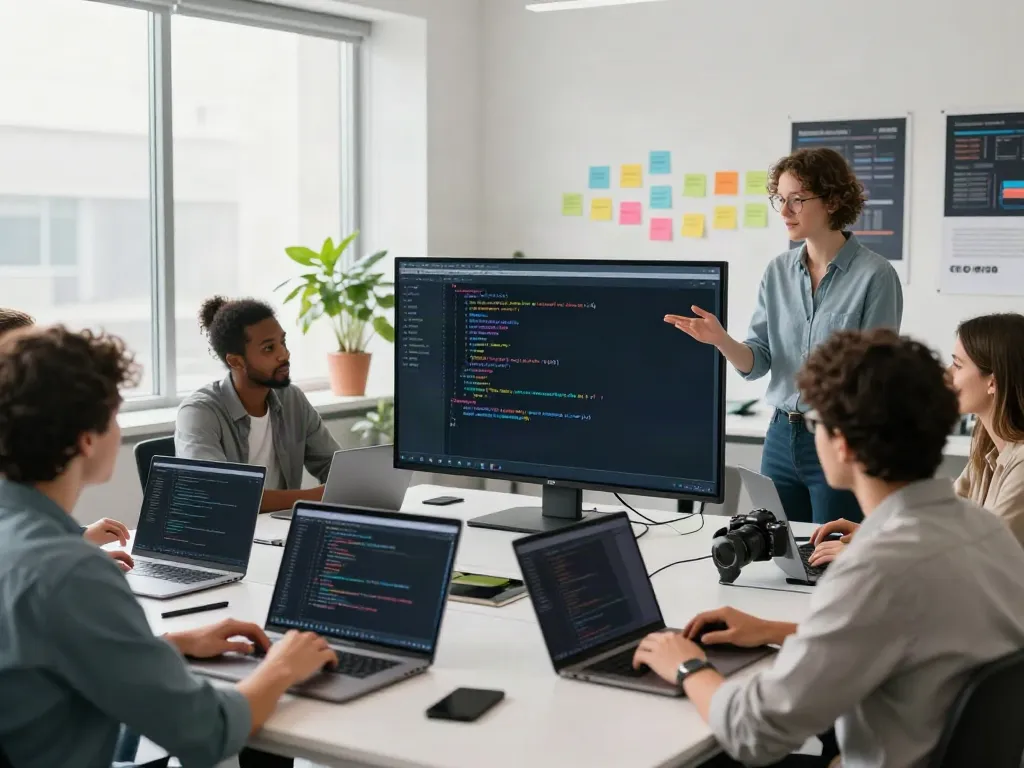 Team of developers discussing A80 tech innovations in a modern workspace.