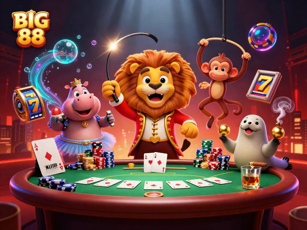 Engage with BIG 88 in a vibrant casino scene featuring a lion, hippo, monkey, and seal with poker elements.