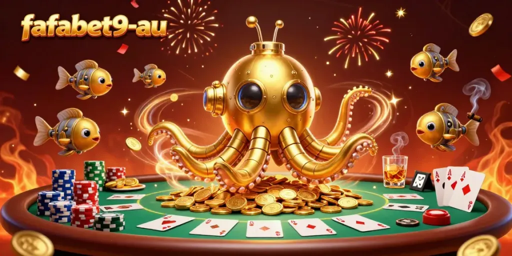 Experience the excitement of fafabet9-au with a dynamic 3D illustration of a kraken submarine surrounded by poker elements.
