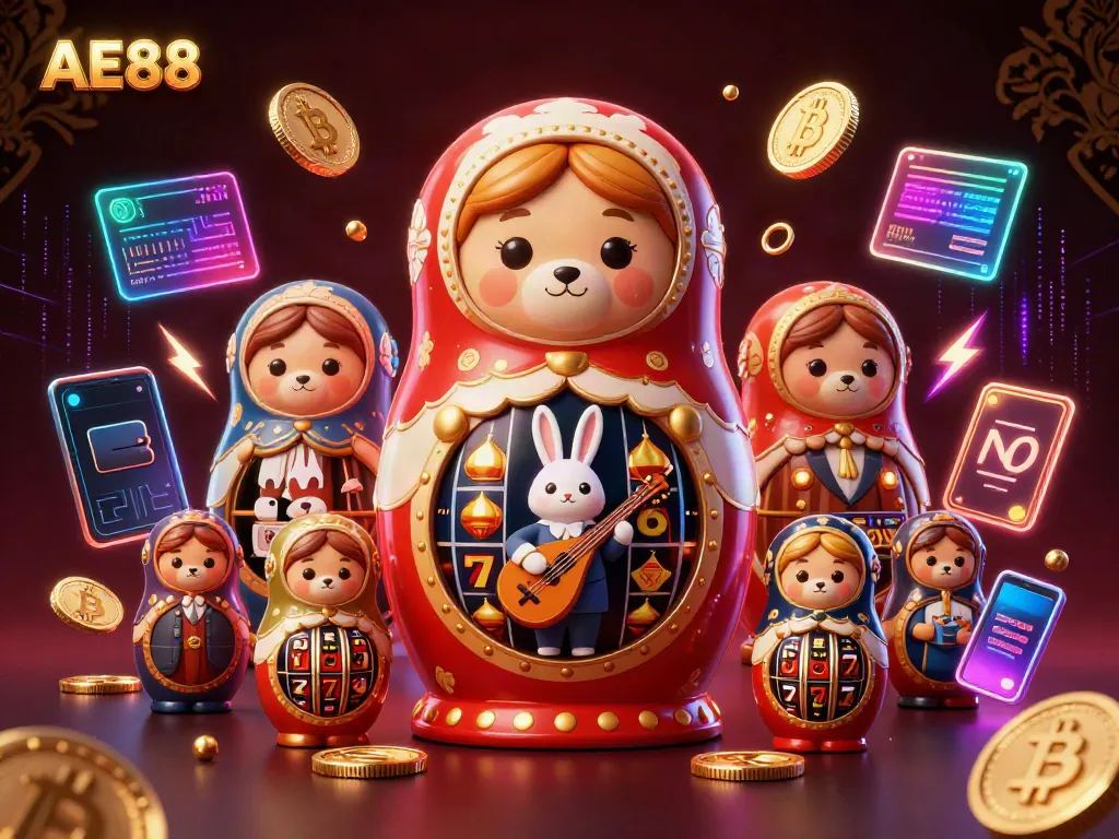 Engage with the vibrant world of AE88 casino gaming featuring animated bears, crypto elements, and dazzling casino symbols.
