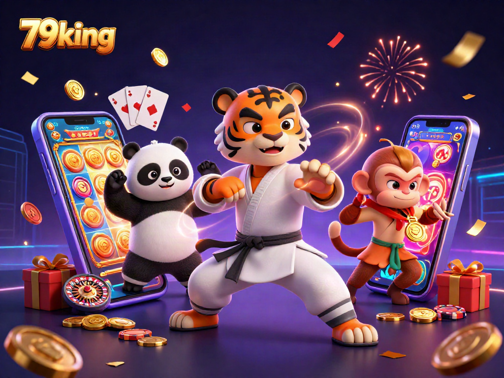 Engage with 79king in vibrant 3D casino illustration featuring animated characters and dynamic gaming elements.