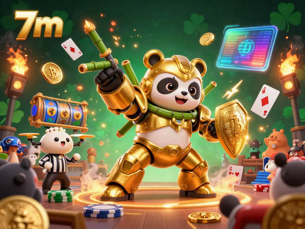 Engage with the vibrant 7m casino scene featuring a mech-suit panda and dynamic game elements.