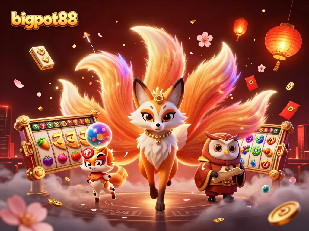 bigpot88 menampilkan ilustrasi kasino digital dengan karakter unik dan elemen slot yang memukau