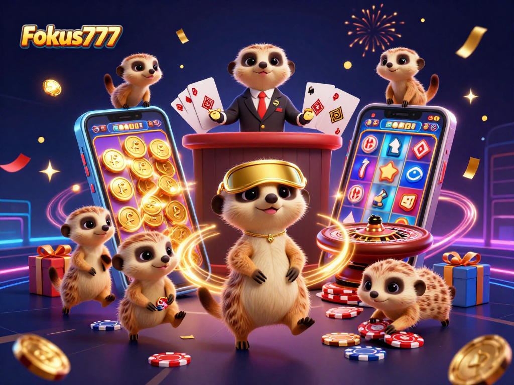 Experience the excitement at Fokus777 with meerkats managing a vibrant online casino.