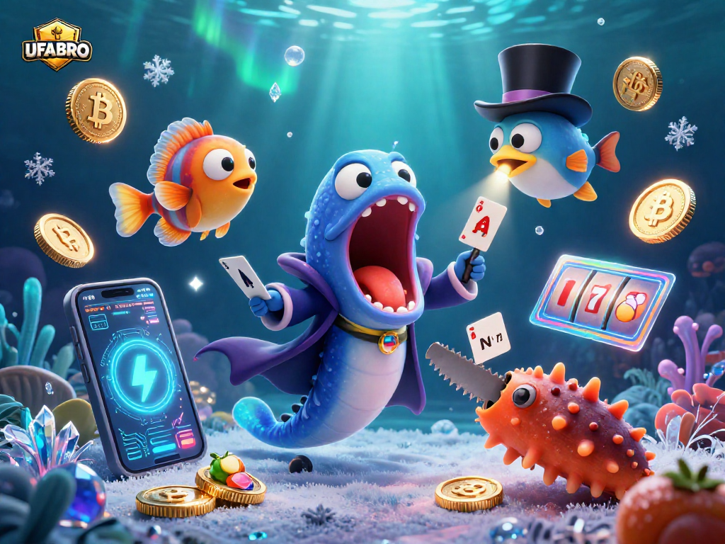Experience UFABRO's thrilling casino magic with vibrant 3D characters and crypto elements.