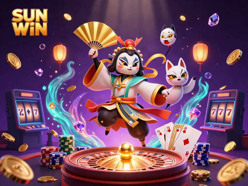 Engage in games at SUN WIN, with a kabuki warrior and glowing casino elements in a vibrant scene.