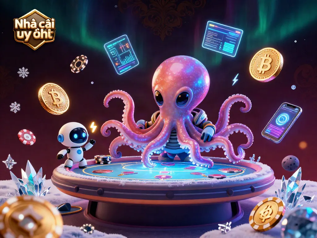 Engage with Nhà cái uy tín featuring a lively poker scene with a cartoon alien octopus and crypto elements