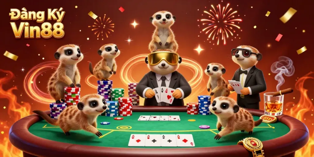Engage in the excitement of Đăng Ký Vin88 while enjoying a lively meerkat casino scene featuring vibrant games and colorful chips.
