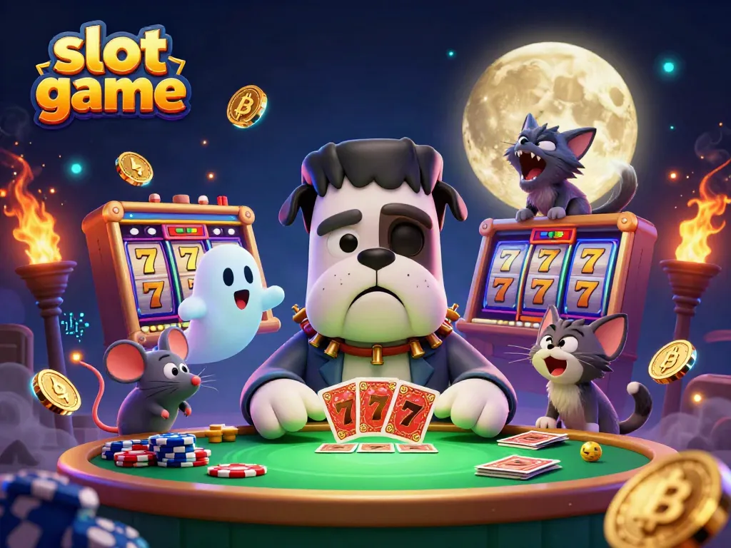 Engaging slot game scene featuring a whimsical Frankenstein bulldog, ghost mouse, and a werewolf kitten.