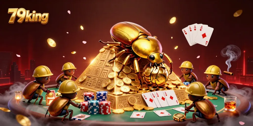 79king's vibrant 3D casino scene featuring a golden beetle and poker elements.