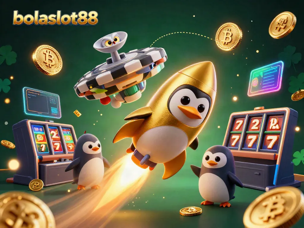 Experience the thrill of bolaslot88 with a lively scene featuring a rocket-powered penguin in a casino-themed space adventure.