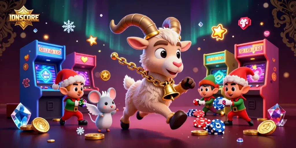 Experience the thrills at IDNSCORE casino with engaging characters and vibrant gaming elements in a festive scene.