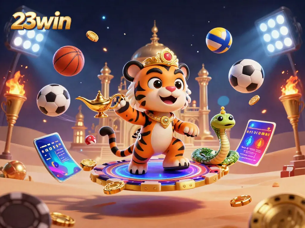 Engage in thrilling bets with 23win featuring a vibrant Arabian Nights-inspired illustration of a tiger sultan.
