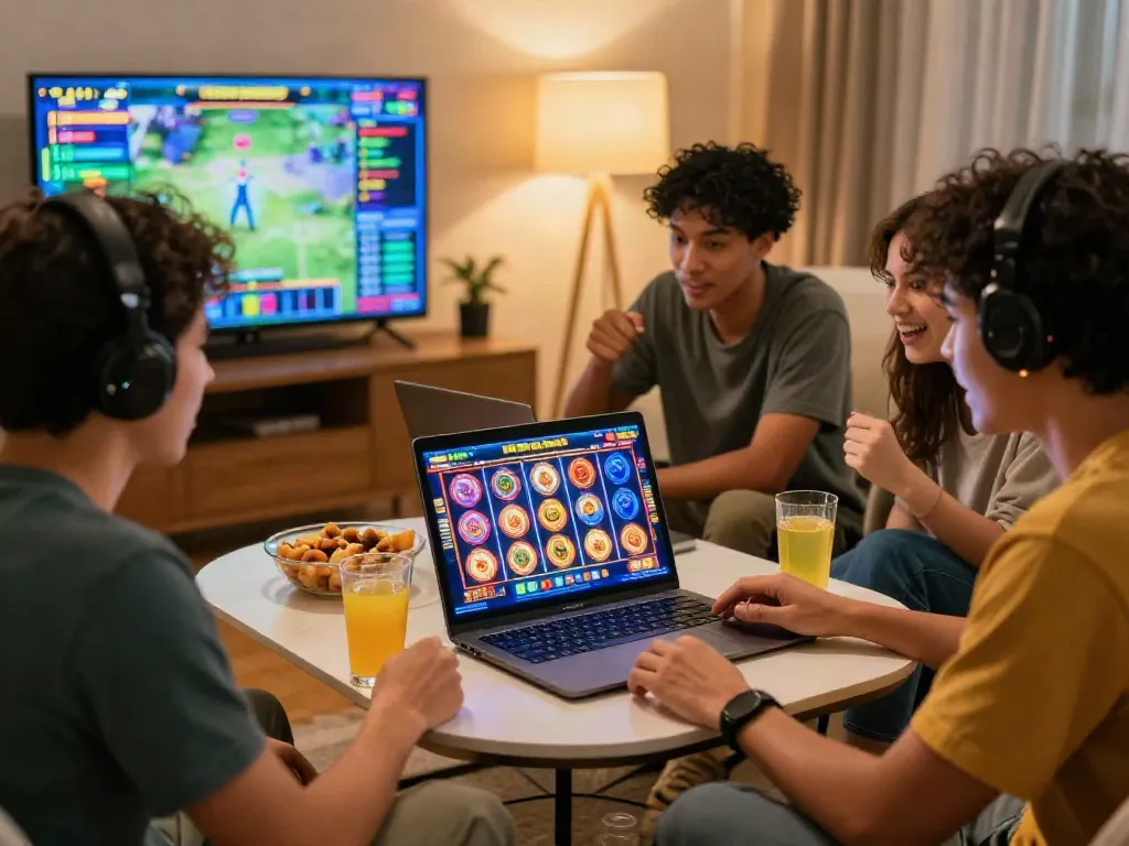 Exciting online gaming moment with friends playing slot online gacor in a cozy home setting.