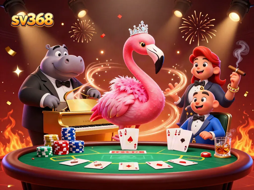 Gamble strategically at sv368 with vibrant casino elements featuring lively characters in a bustling scene.
