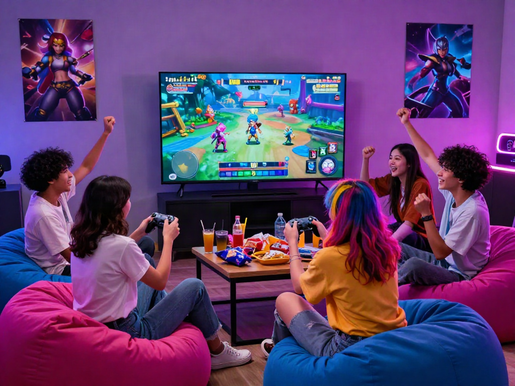 Friends enjoying thrilling porngames in a vibrant gaming room filled with neon lights and snacks.