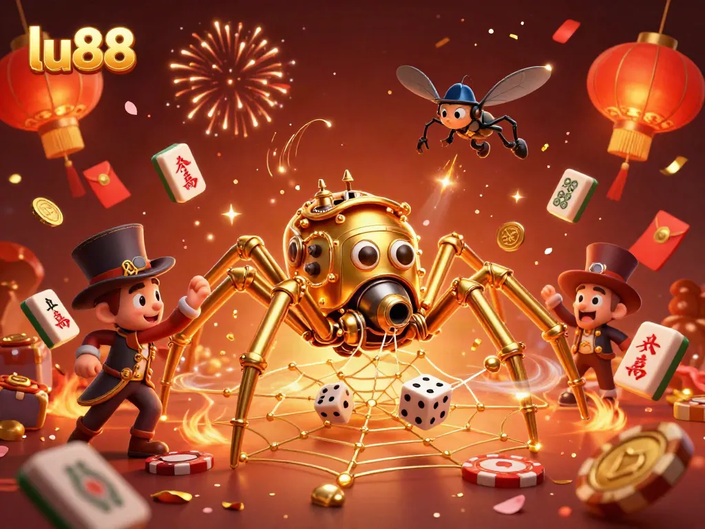 Engaging LU88-themed casino illustration with a golden spider capturing dice in a festive scene.