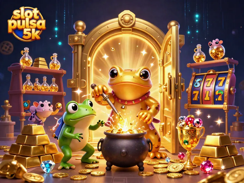 Engage with slot pulsa 5k excitement in a vibrant 3D illustration showcasing an alchemist and gaming elements.