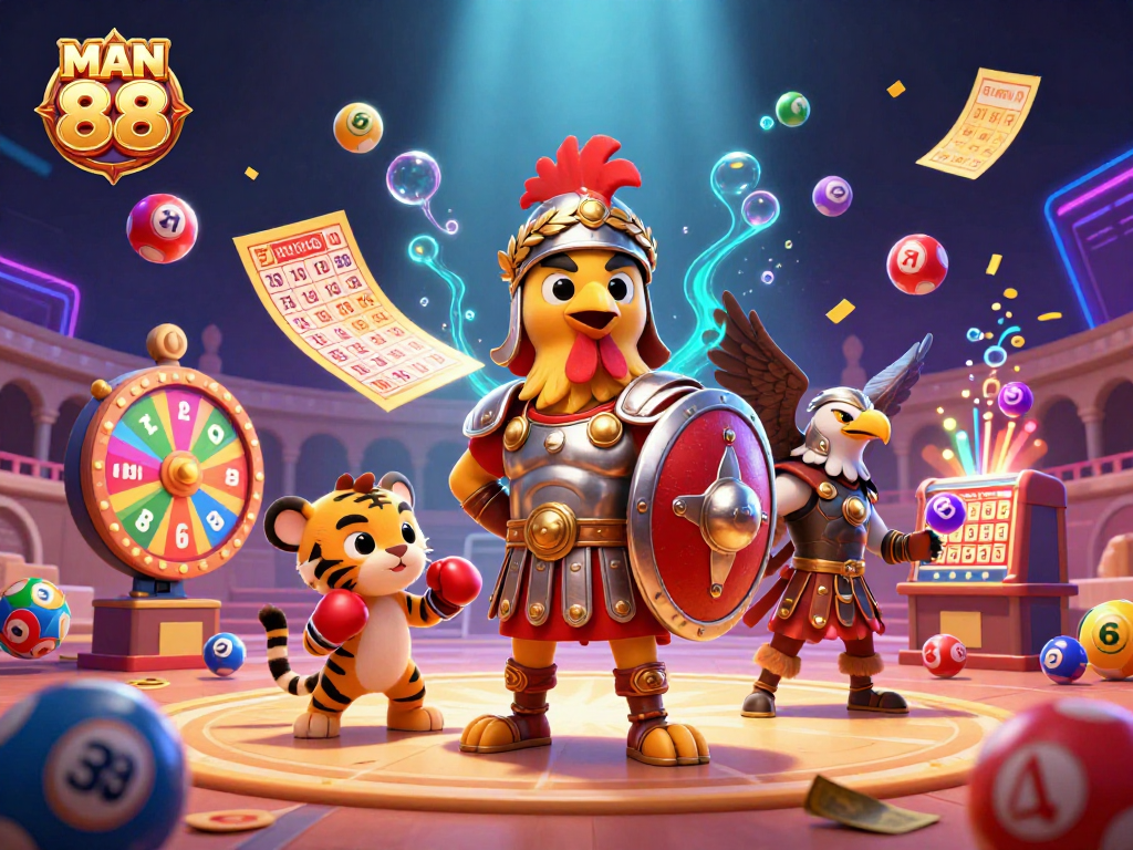 Engage with MAN 88 in a vibrant 3D gladiator-themed gaming arena, featuring dynamic lottery elements and exhilarating visuals.