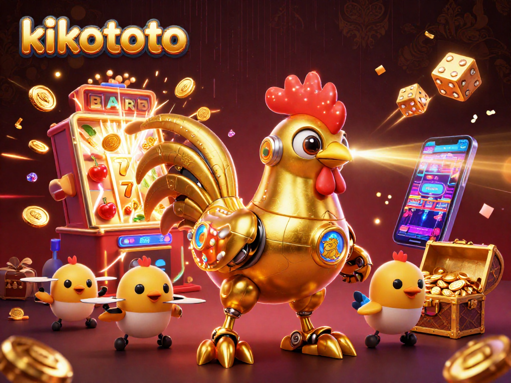 Kikototo menawarkan pengalaman slot online dengan jackpot terbesar melalui mesin slot berwarna-warni dan robot ayam emas futuristik.