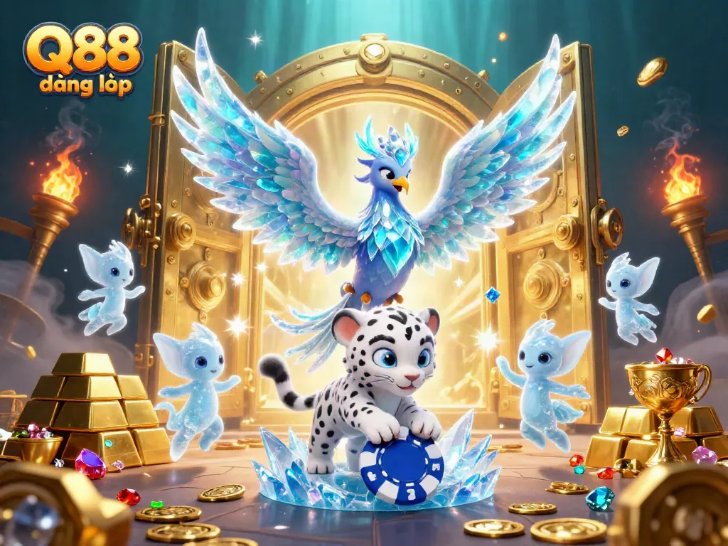 Experience the magic of Q88 đăng nhập with an ice phoenix and a snow leopard cub in a dynamic casino scene.