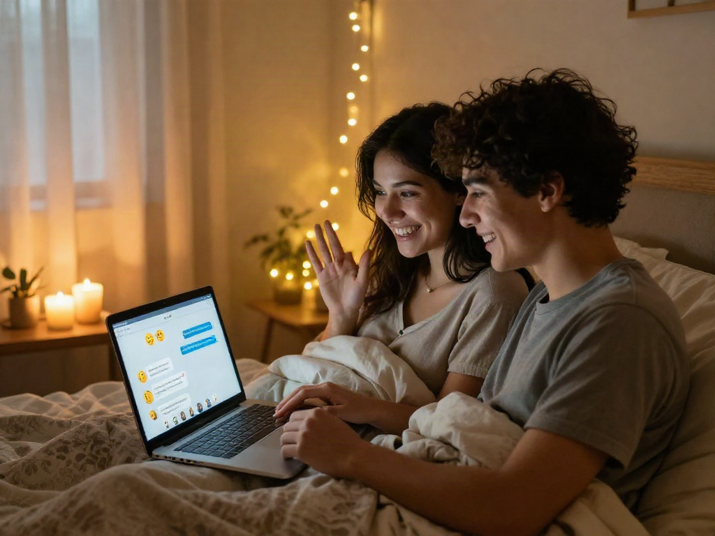 Young couple connecting through sex ai chat in a cozy bedroom.