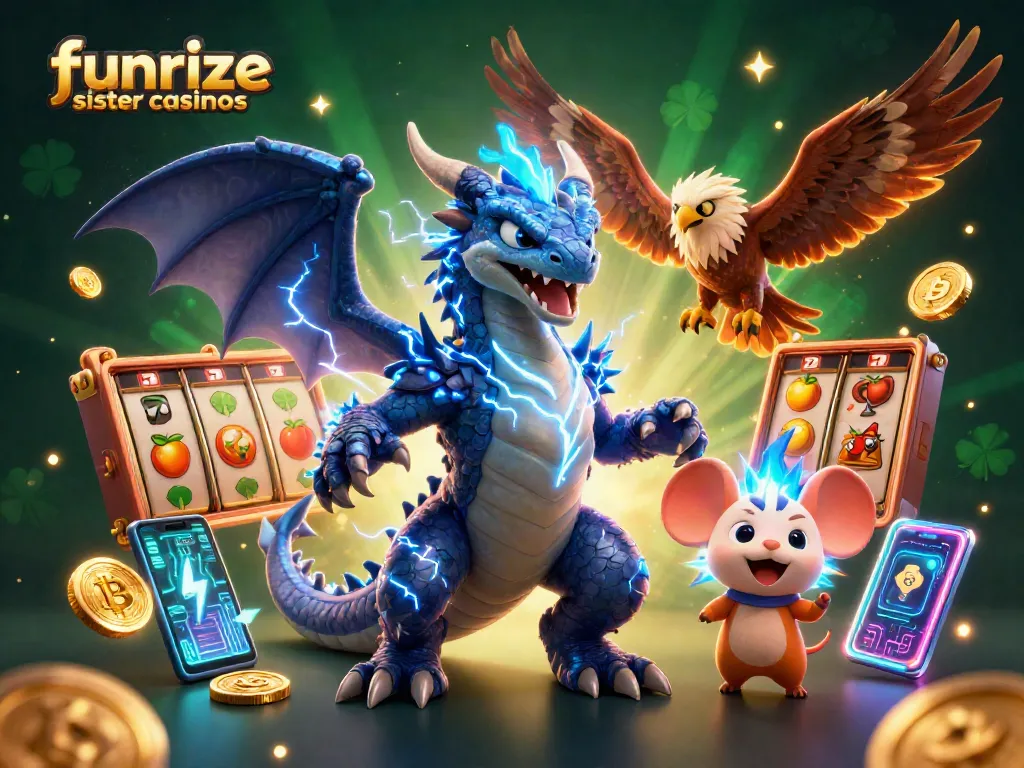 Win big at funrize sister casinos with vibrant slots and glowing coins in a dynamic scene.