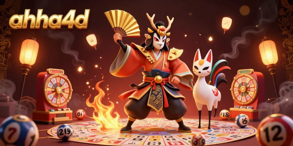 Engage with ahha4d's vibrant lottery and bingo world, featuring kabuki and kitsune characters in action.