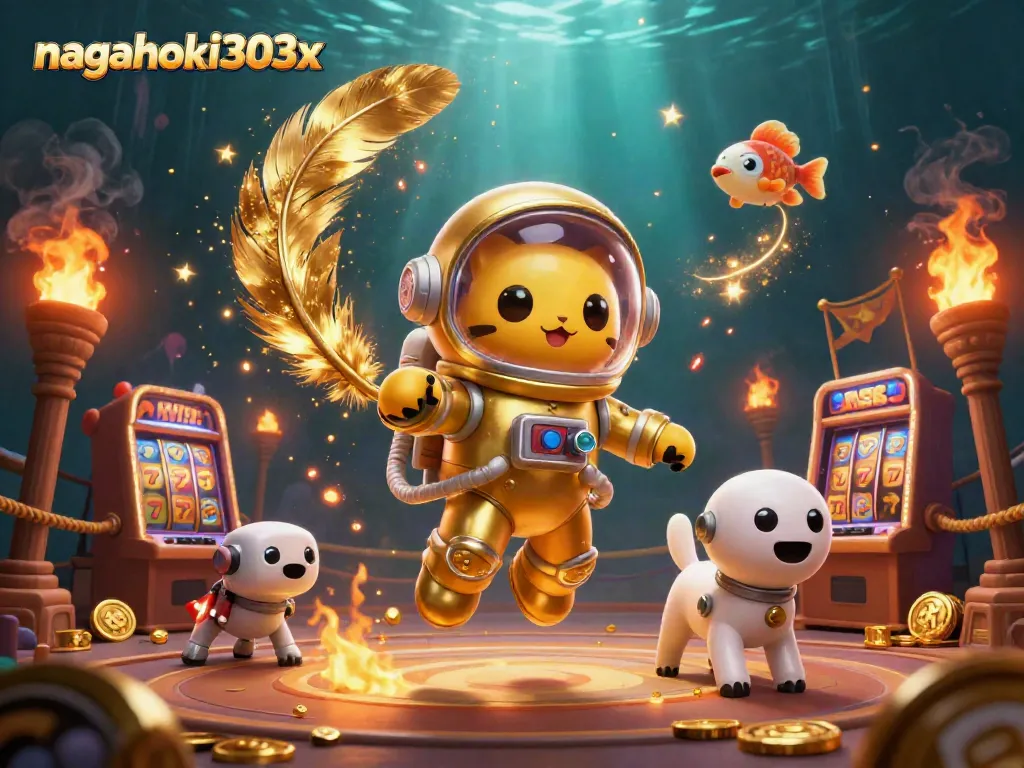 Permainan slot di nagahoki303x dengan kucing astronot 3D dan robot anjing mengapung dalam ruang angkasa.