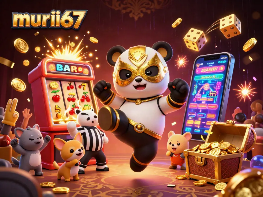 Experience the thrill of murai67 with a colorful casino scene featuring a wrestler panda and dynamic symbols.