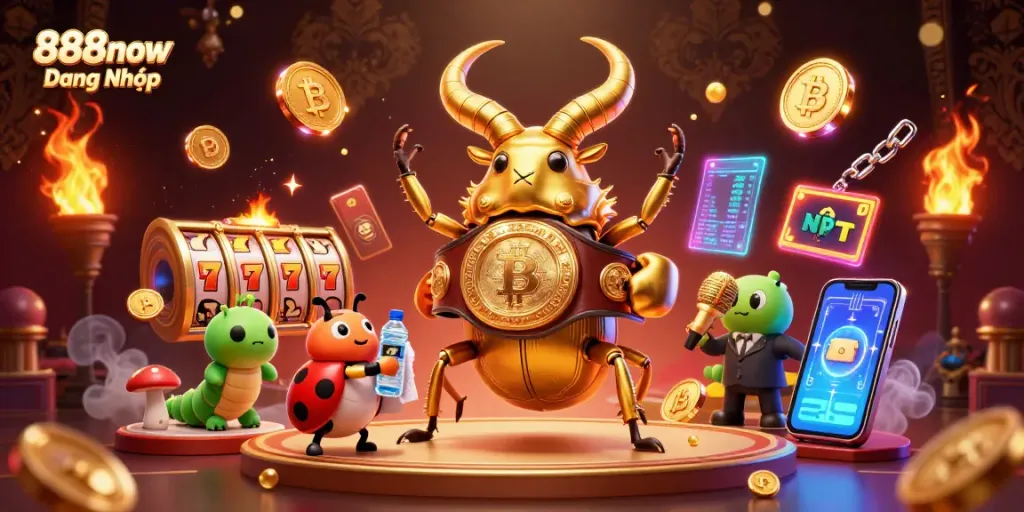 Place your bets with excitement at 888now Đăng Nhập, featuring dynamic casino elements and vibrant characters.