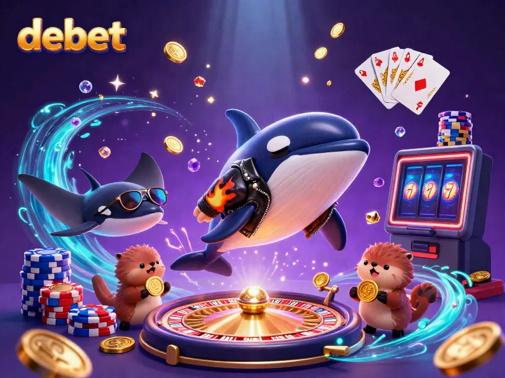 Engage with debet's thrilling gaming scene featuring a lively orca, stingray, and otters amidst casino elements.
