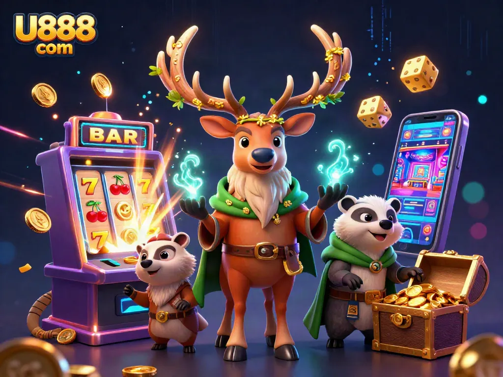 Engage with U888 com's vibrant casino world through dynamic gaming with a 3D illustration showcasing slots, jackpots, and more!