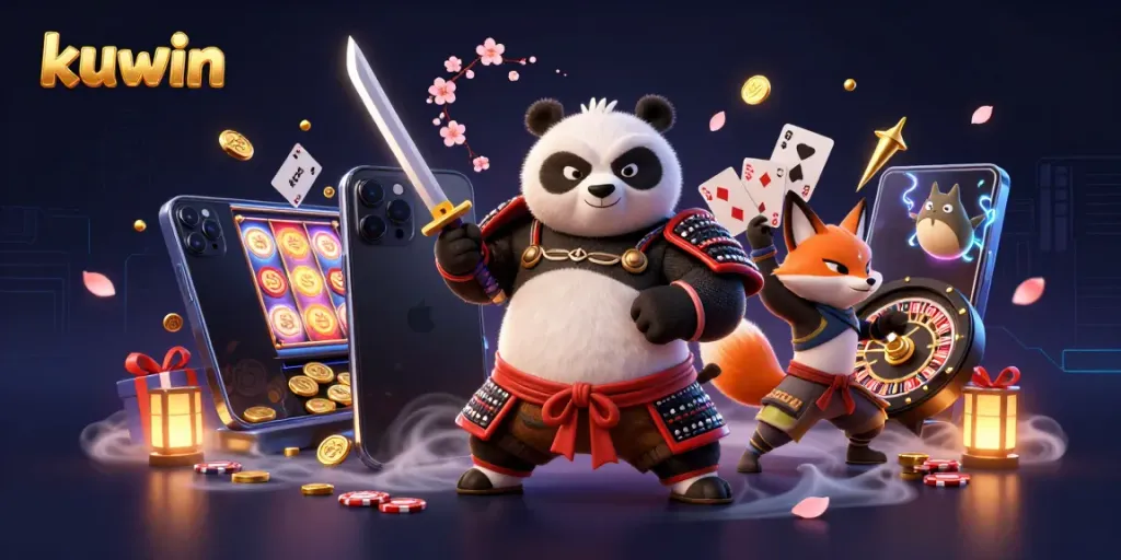 Kuwin offers an exciting gaming experience with a samurai panda and a ninja fox amid vibrant casino elements.