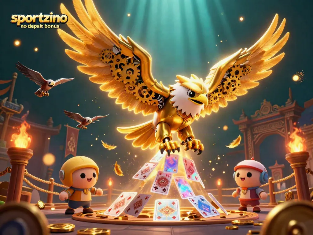 Engage with the sportzino no deposit bonus in a dynamic casino-themed illustration with golden eagle and playing cards.