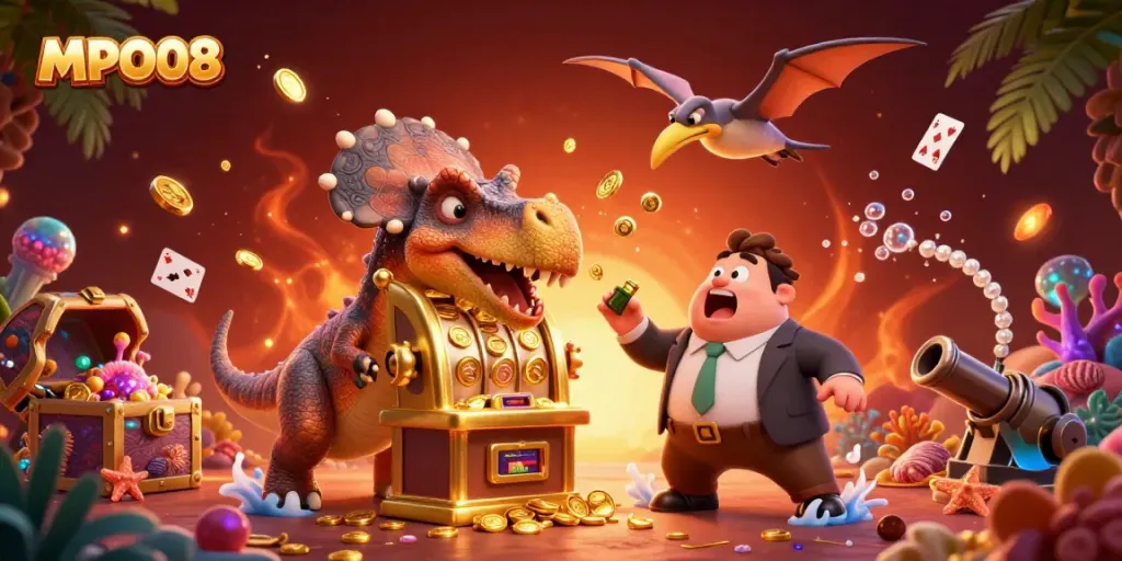 MPO08 game scene featuring a pachycephalosaurus winning at a slot machine surrounded by coins and dynamic casino elements.
