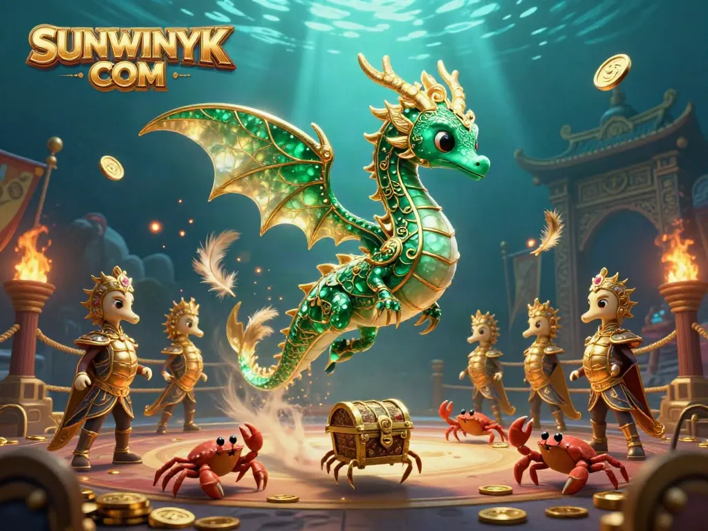 Engage with the vibrant underwater scene featuring SUNWINYK COM, showcasing a sea dragon and treasures in a casino setting.