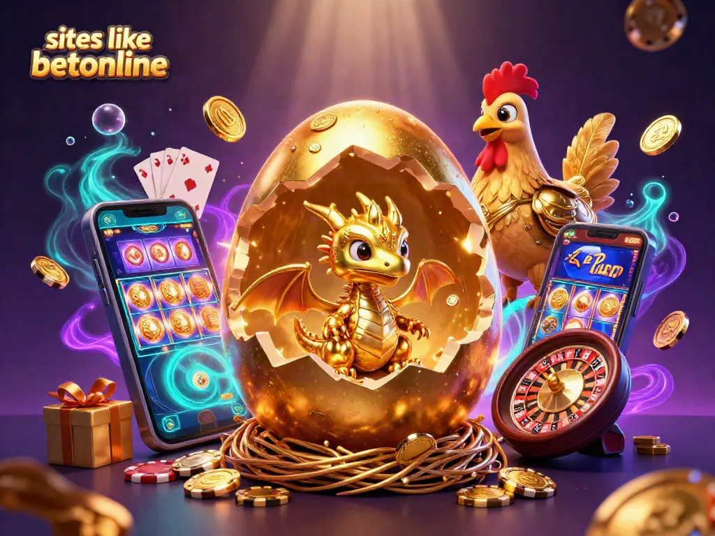 Spin the reels and uncover treasures at sites like betonline with golden dragons and poker chip nests.