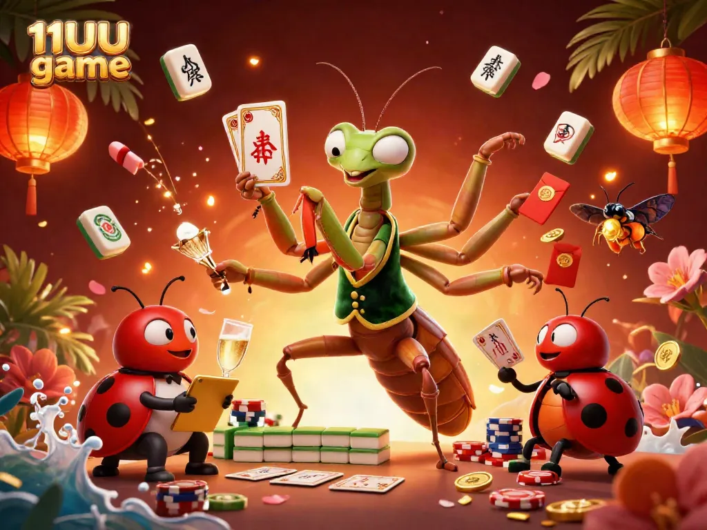 Engaging scene of 11UU game at an online casino featuring a giant praying mantis card sharp and ladybug pit boss.