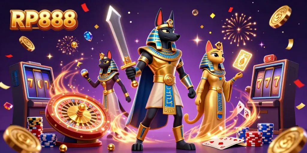 Experience the thrill of gaming with RP888's vibrant 3D casino illustration featuring Anubis and Bastet.