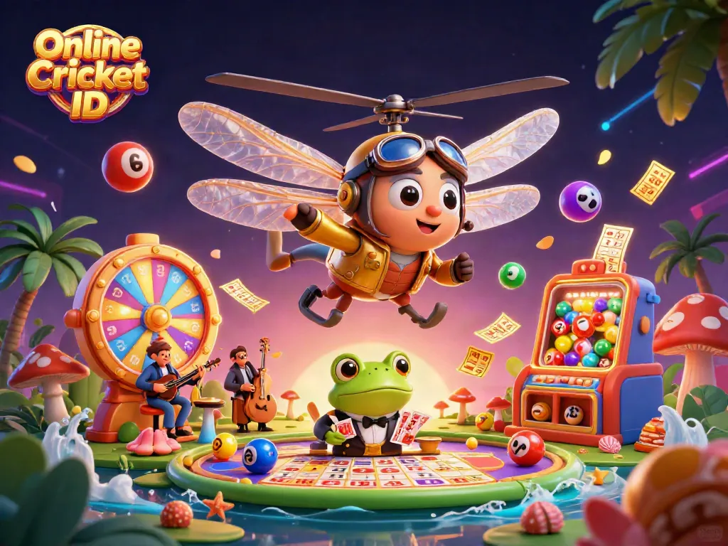 Engage with Online Cricket ID for seamless betting, featuring a dynamic dragonfly pilot and vibrant casino elements.