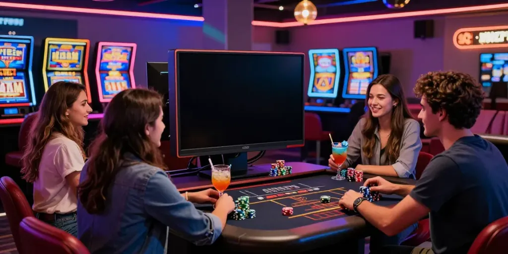 Akunjp gaming lounge scene with friends enjoying online gambling and slot games.