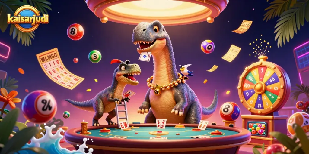 Kaisarjudi showcases a lively casino scene with a giant brontosaurus and clever dealer raptor.