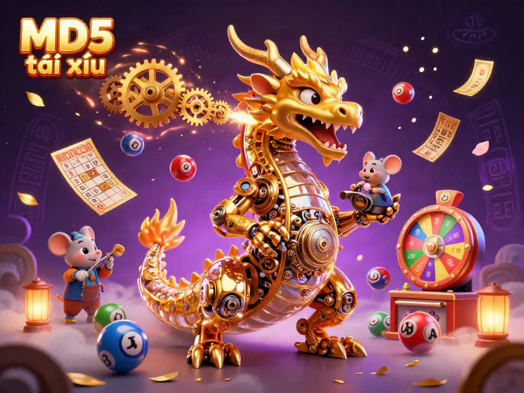 Experience gaming excitement with MD5 tài xỉu, where a golden dragon and a mouse engineer create an adventurous casino scene.