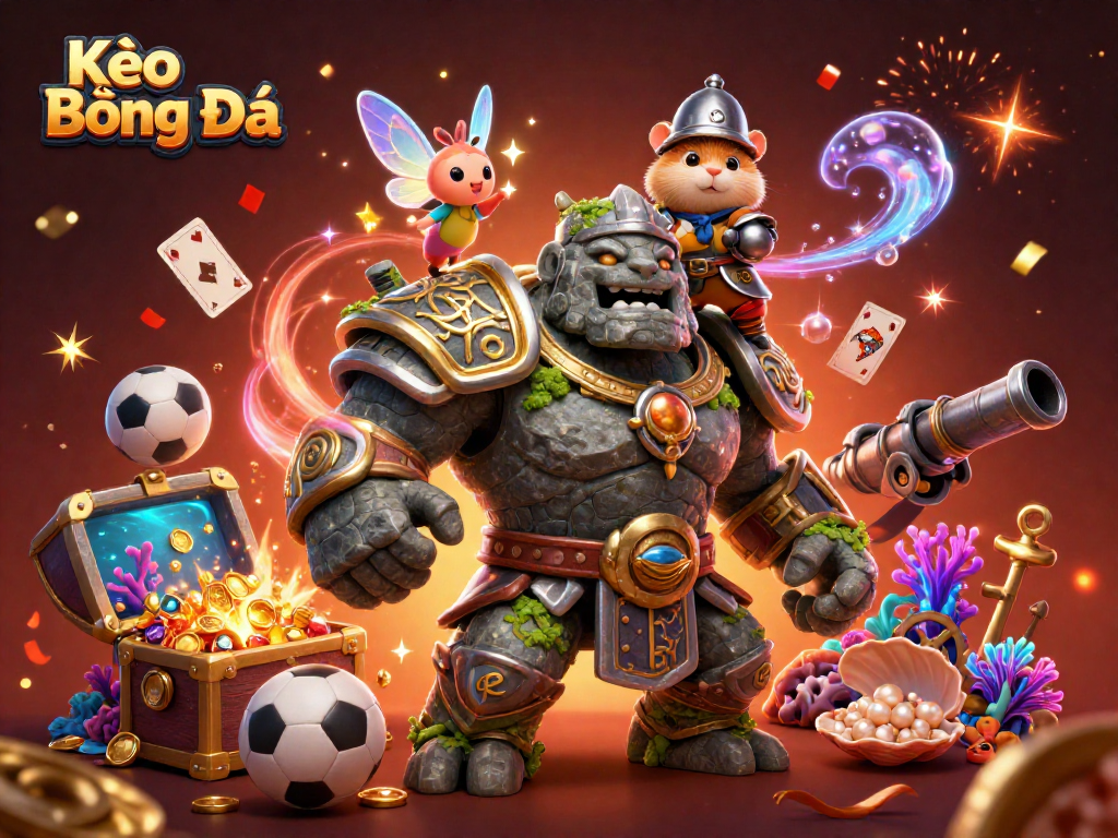 Kèo Bóng Đá sports betting illustration featuring a golem, fairy, and hamster knight amidst dynamic casino elements.